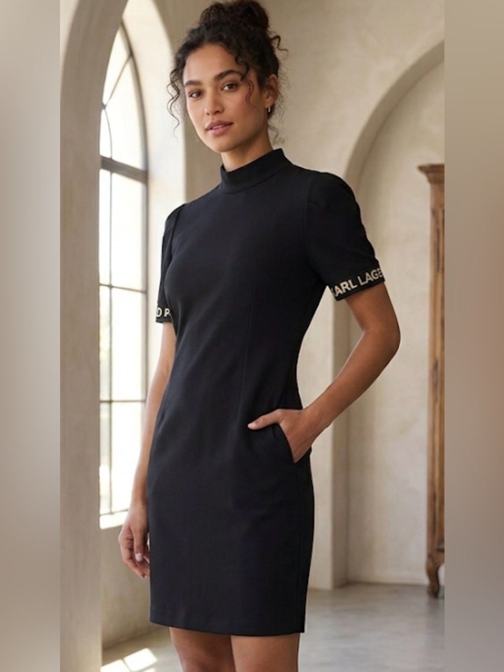 Karl Lagerfeld Black Midi Dress with Logo Sleeves